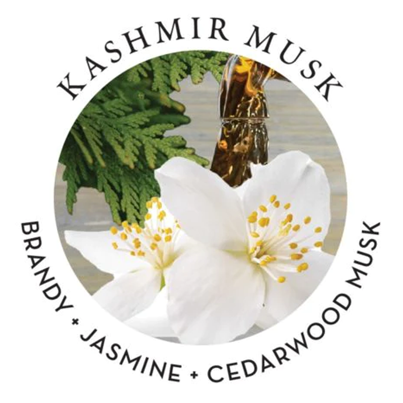 Kashmir Musk massage candle with jasmine, cedarwood, and brandy.
