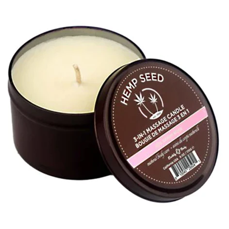 Hemp Seed Zen Berry Rose 3-in-1 massage candle in a dark tin.