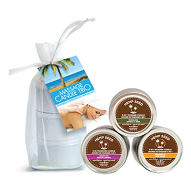 Hemp Seed 3-in-1 Massage Candle Trio Set in a white mesh bag with a tag.