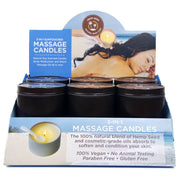 Display of 3-in-1 massage candles with a woman receiving a massage.