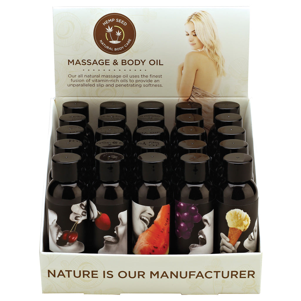 Display pack of 25 edible massage oil bottles with fruit and ice cream designs.