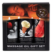 Edible massage oil gift set with strawberry, vanilla, and watermelon flavors.