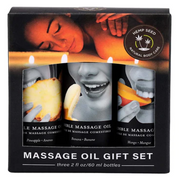 Edible massage oil gift set with pineapple, banana, and mango flavors.