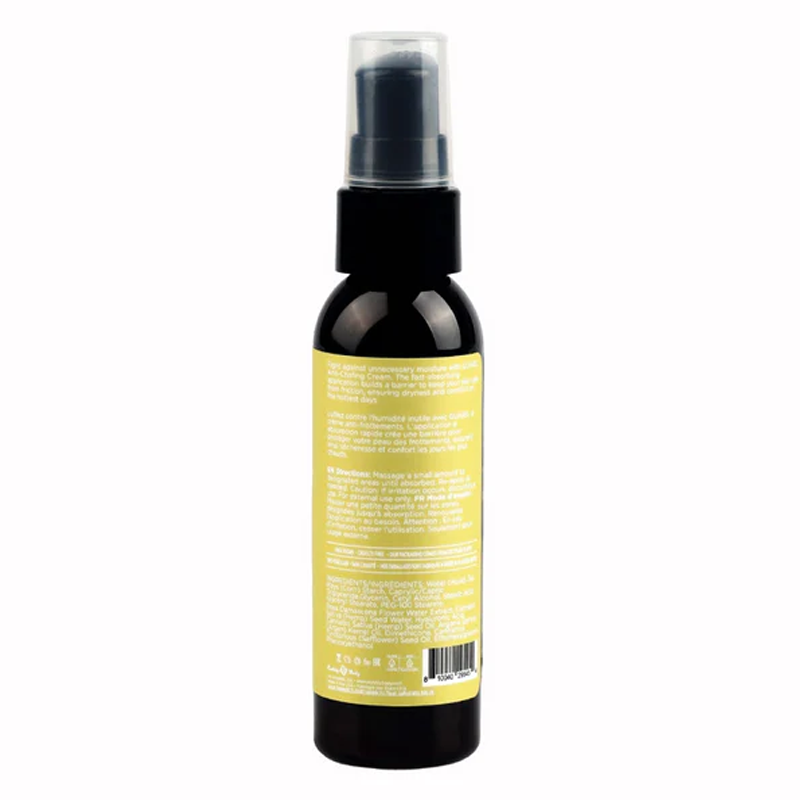 A black bottle with a pump dispenser and a yellow label for anti-chafing cream.