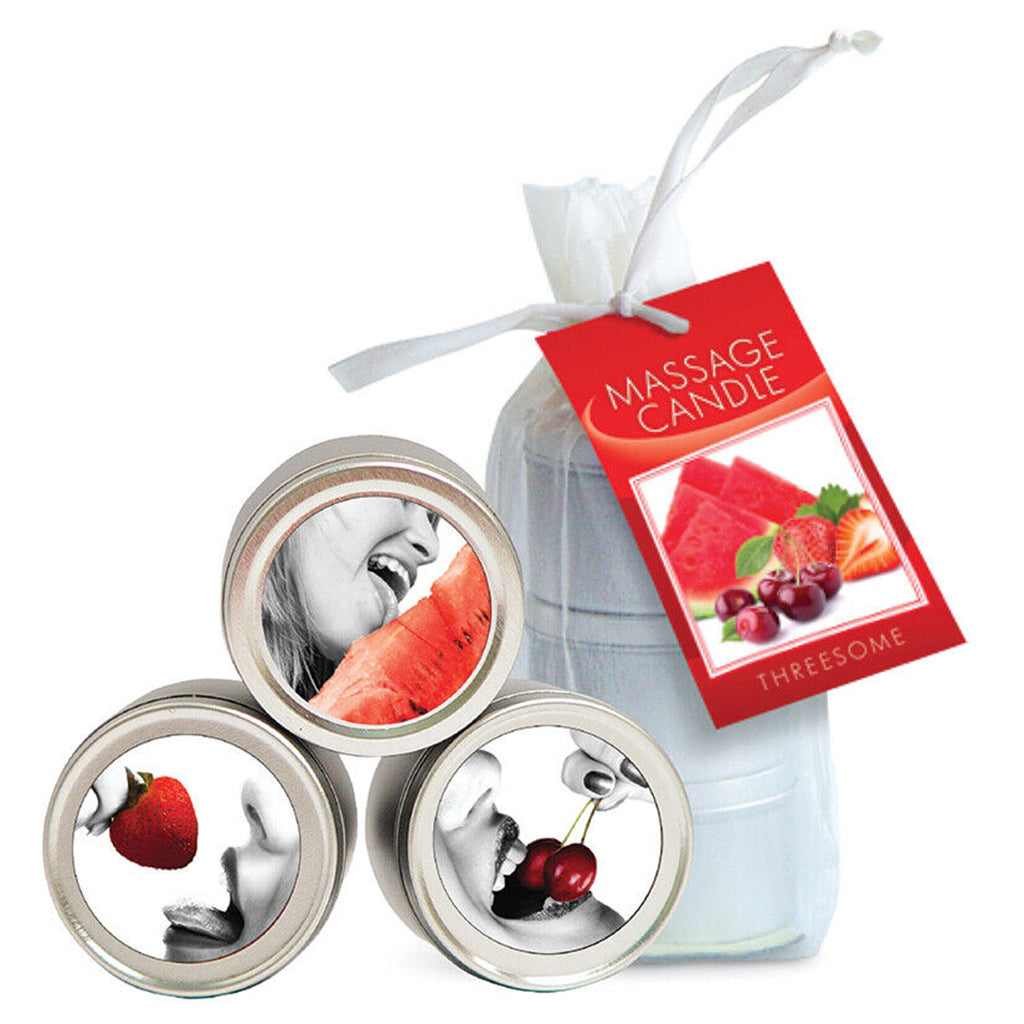 Three mini massage candles with fruit imagery and a red tag.