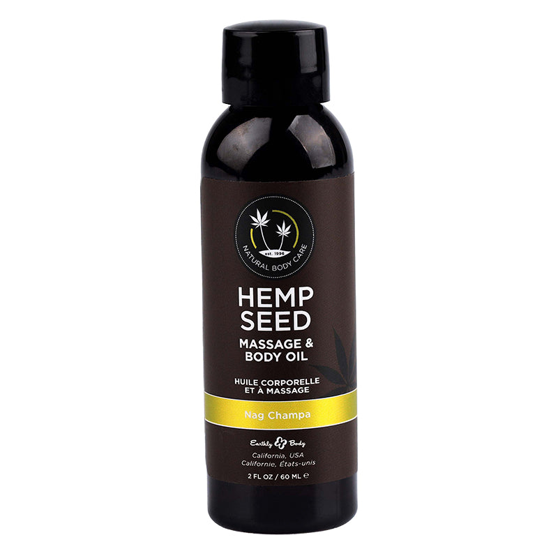 Nag Champa Hemp Seed Massage and Body Oil in a dark bottle.
