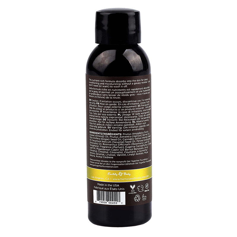 Nag Champa Hemp Seed Massage and Body Oil bottle with ingredients and usage information.