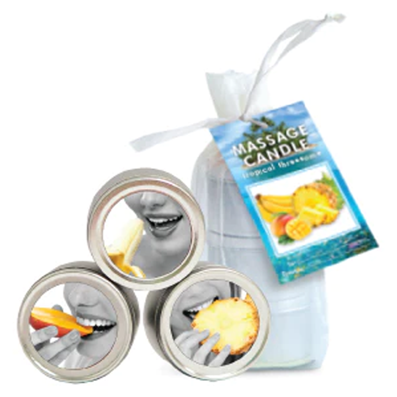 Tropical Edible Massage Candle Trio with fruit images.