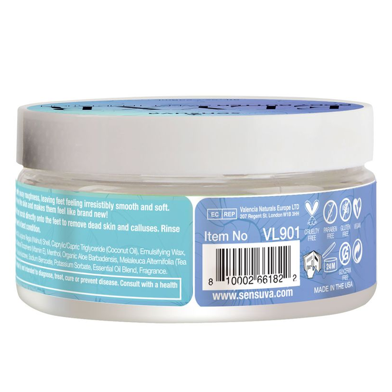 A jar of Sensuva Exfoliating Foot Sugar Scrub with ingredients and usage instructions.