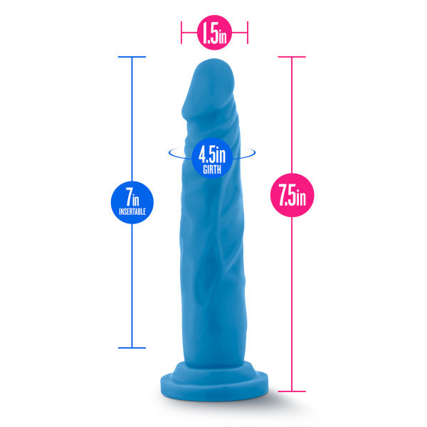 Blue dual-density realistic dildo with suction cup base, 7.5 inches long and 1.5 inches wide.
