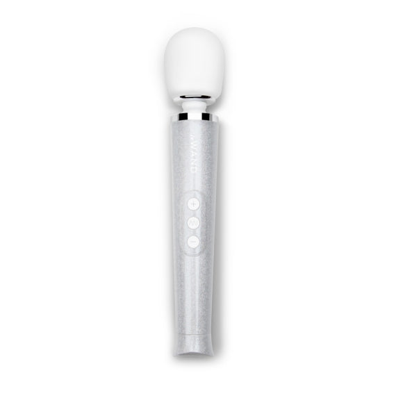 A silver wand massager with a white head and three control buttons.