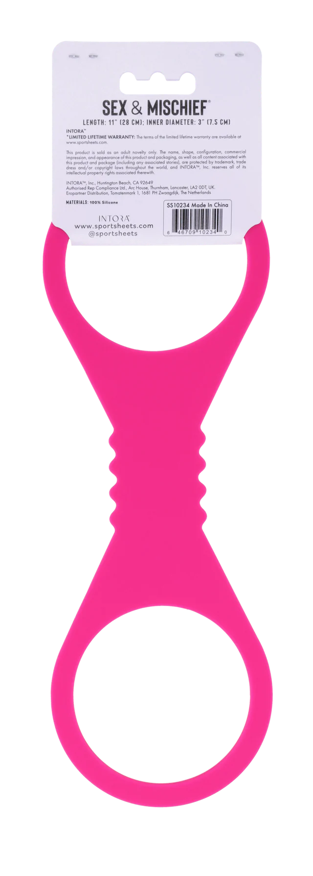 Large hot pink silicone restraint cuffs with a textured grip.