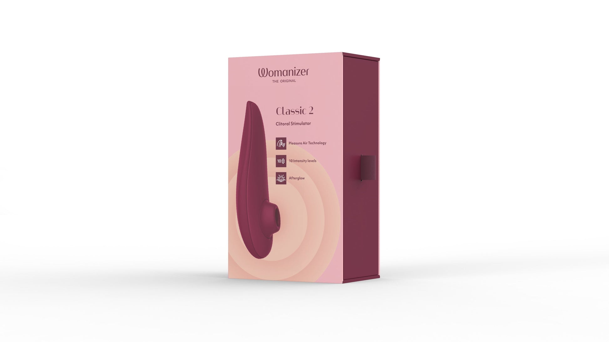 Womanizer Classic 2 clitoral stimulator in Bordeaux, featuring Pleasure Air Technology and 10 intensity levels.