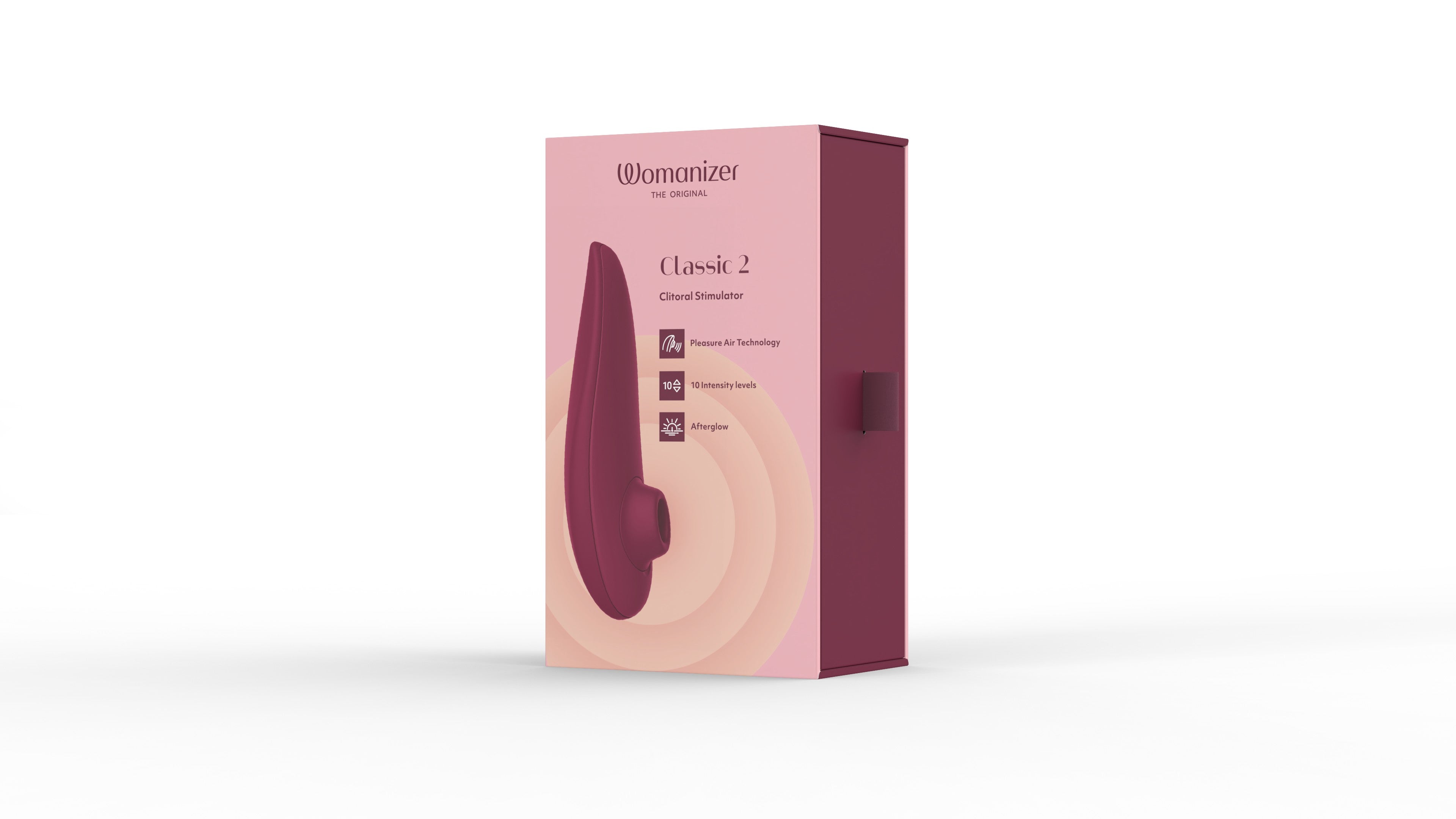 Womanizer Classic 2 clitoral stimulator in Bordeaux, featuring Pleasure Air Technology and 10 intensity levels.