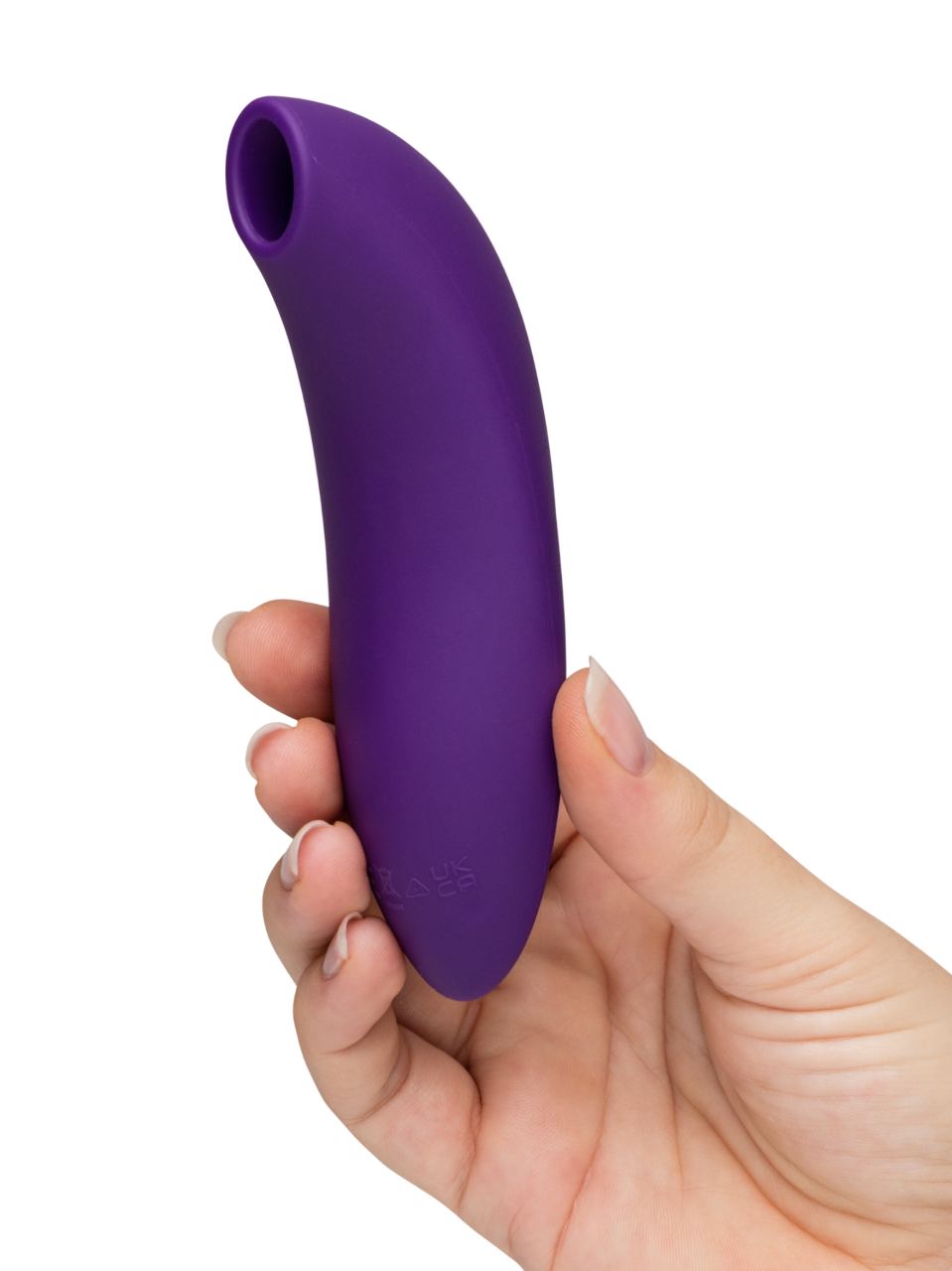 A purple app-controlled pleasure air clitoral stimulator held in a hand.