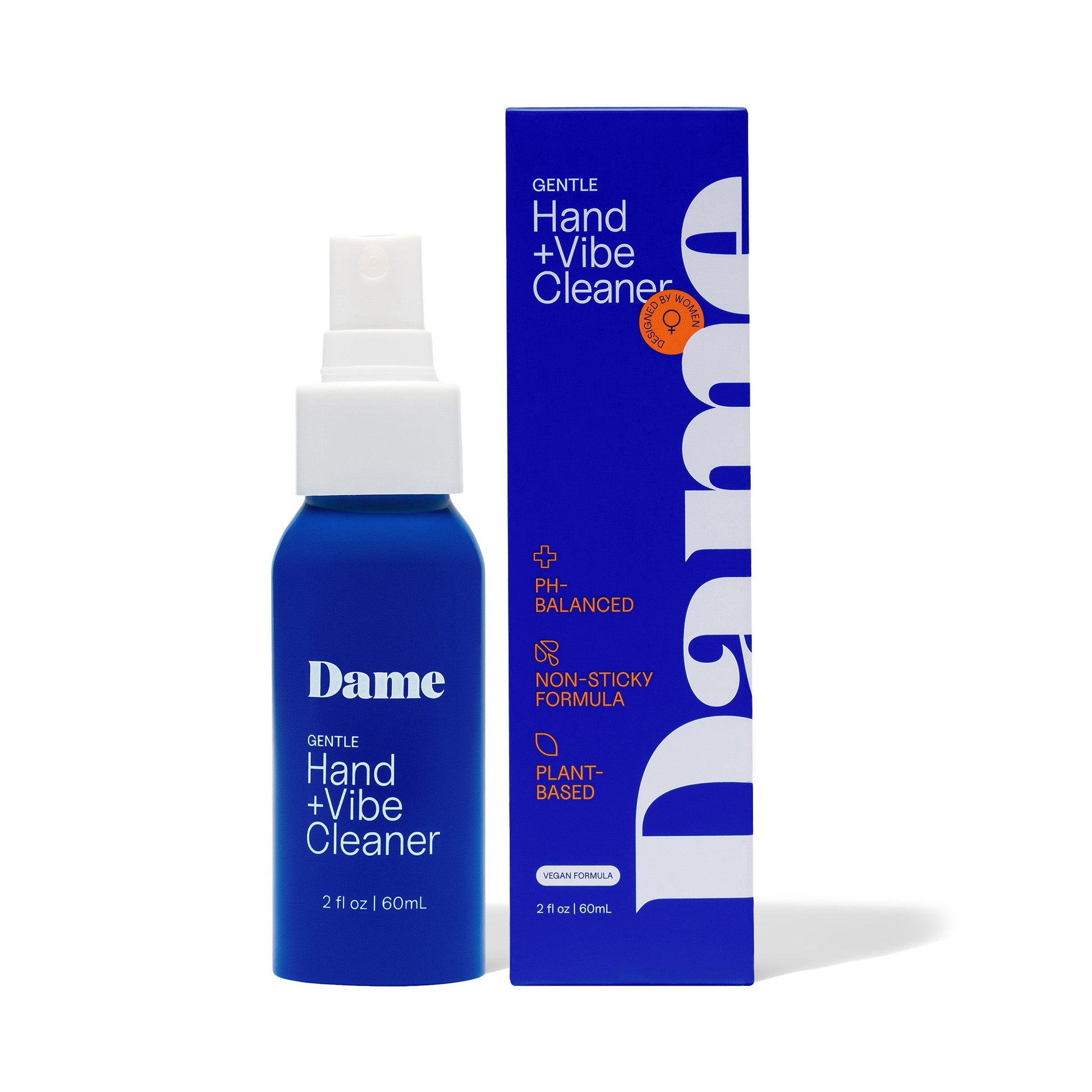 A blue spray bottle and box of Dame Gentle Hand + Vibe Cleaner with sweet orange.