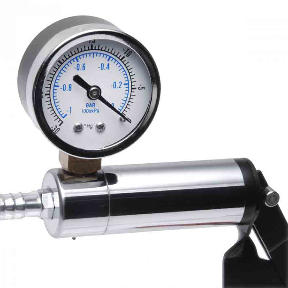 Deluxe steel hand pump with a chrome finish and pressure gauge.