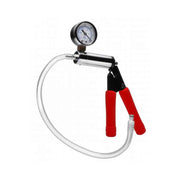 Steel hand pump with pressure gauge and red grips.