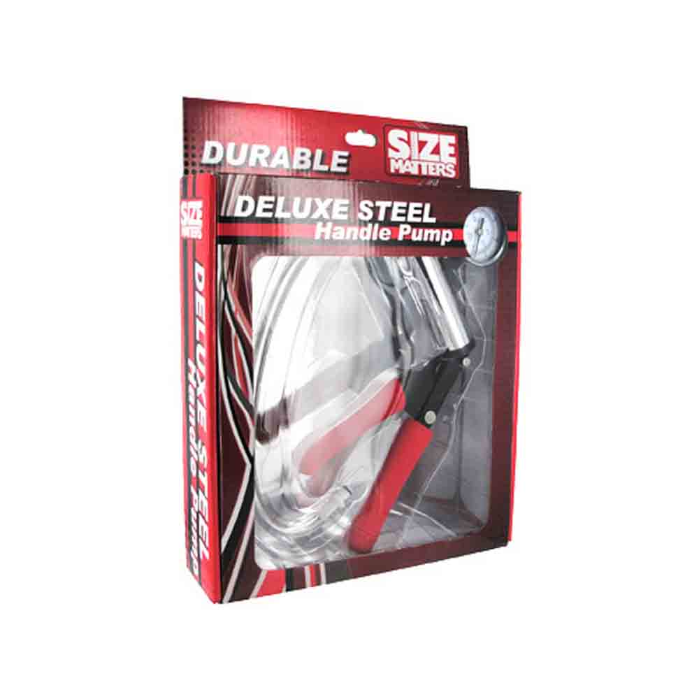 Deluxe steel hand pump with pressure gauge.