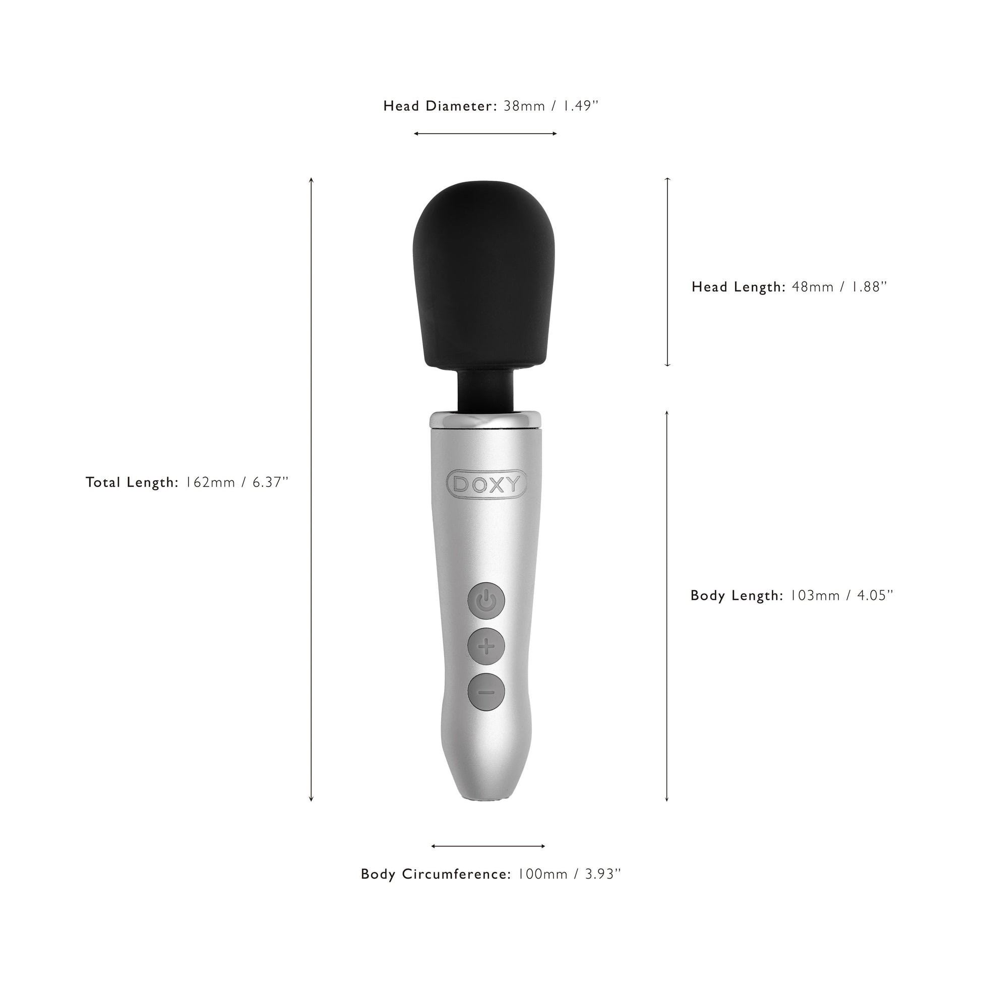 A silver Doxy Go wand massager with a black head and control buttons.