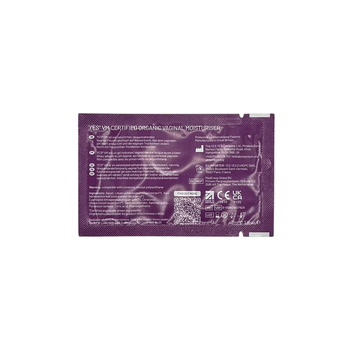 A single sachet of YES VM certified organic vaginal moisturizer.