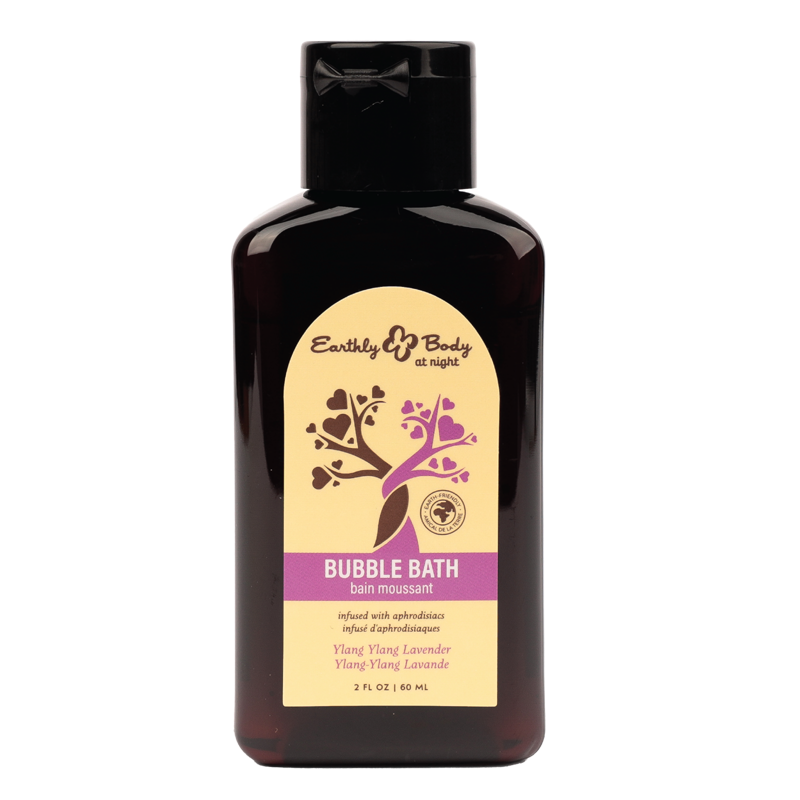 Earthly Body Ylang Ylang Lavender Bubble Bath in a dark bottle with a yellow label.