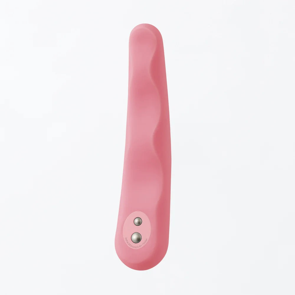A pink flexible silicone vibrator with two silver buttons.