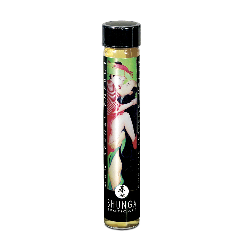 A bottle of Shunga Sexual Energy Drink for Men with an erotic illustration.