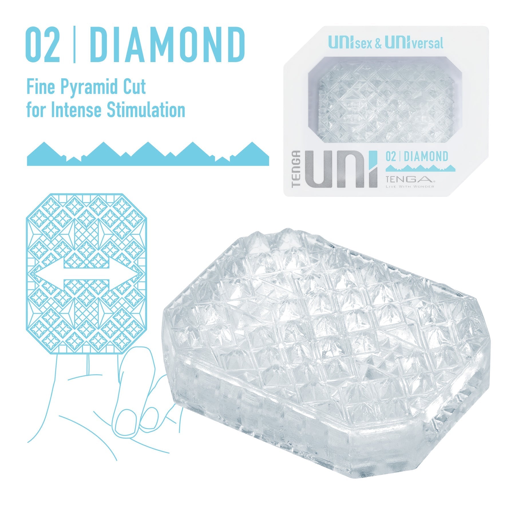 A clear, textured Tenga Uni Diamond sleeve with a pyramid cut.