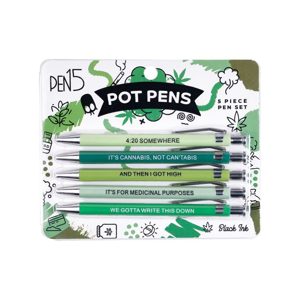 A 5-pack of novelty pens with cannabis-themed sayings in green and light green.