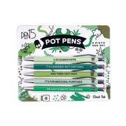 A 5-pack of novelty pens with cannabis-themed sayings in green and light green.