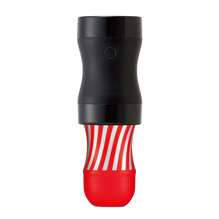 Tenga Rolling Cup male masturbator with red and white striped ribbed sleeve.