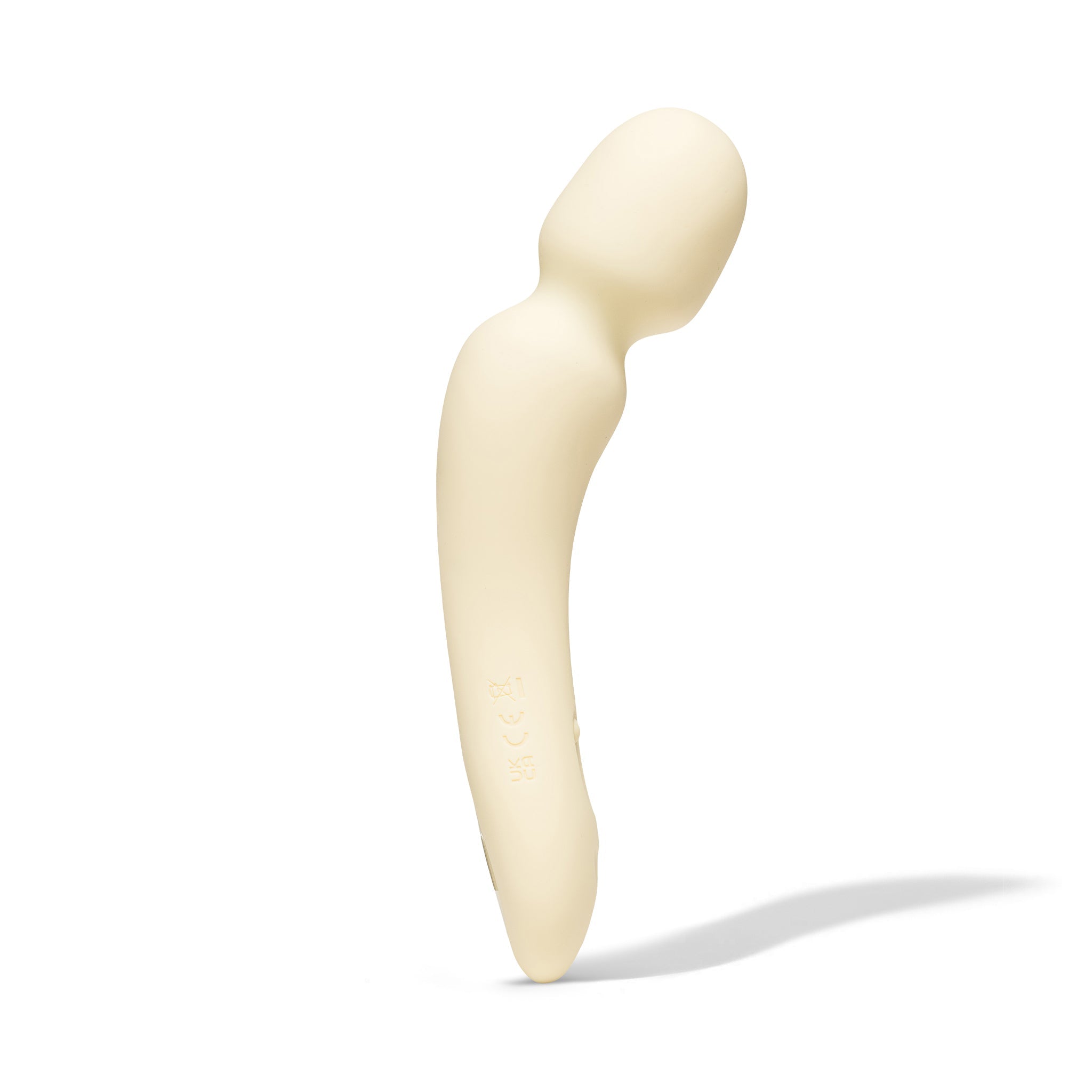 A beige, curved silicone wand vibrator with CE and UKCA markings.