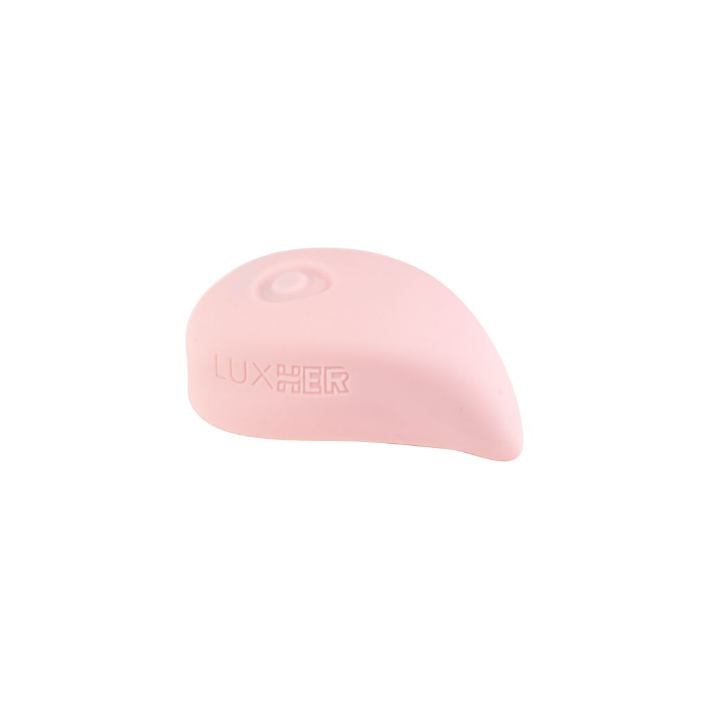 A pink, teardrop-shaped vibrator with the word LUXUS embossed on its side.