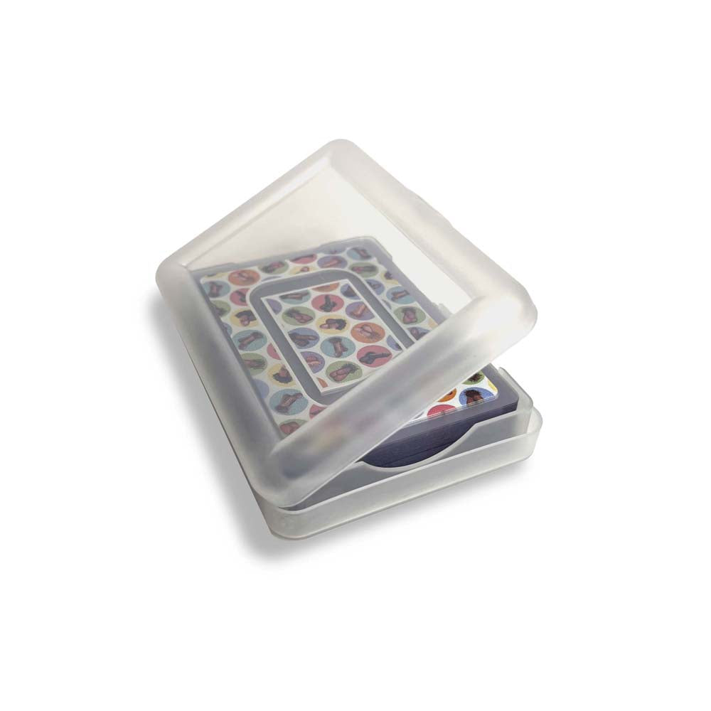 Waterproof novelty playing cards in a clear plastic case.
