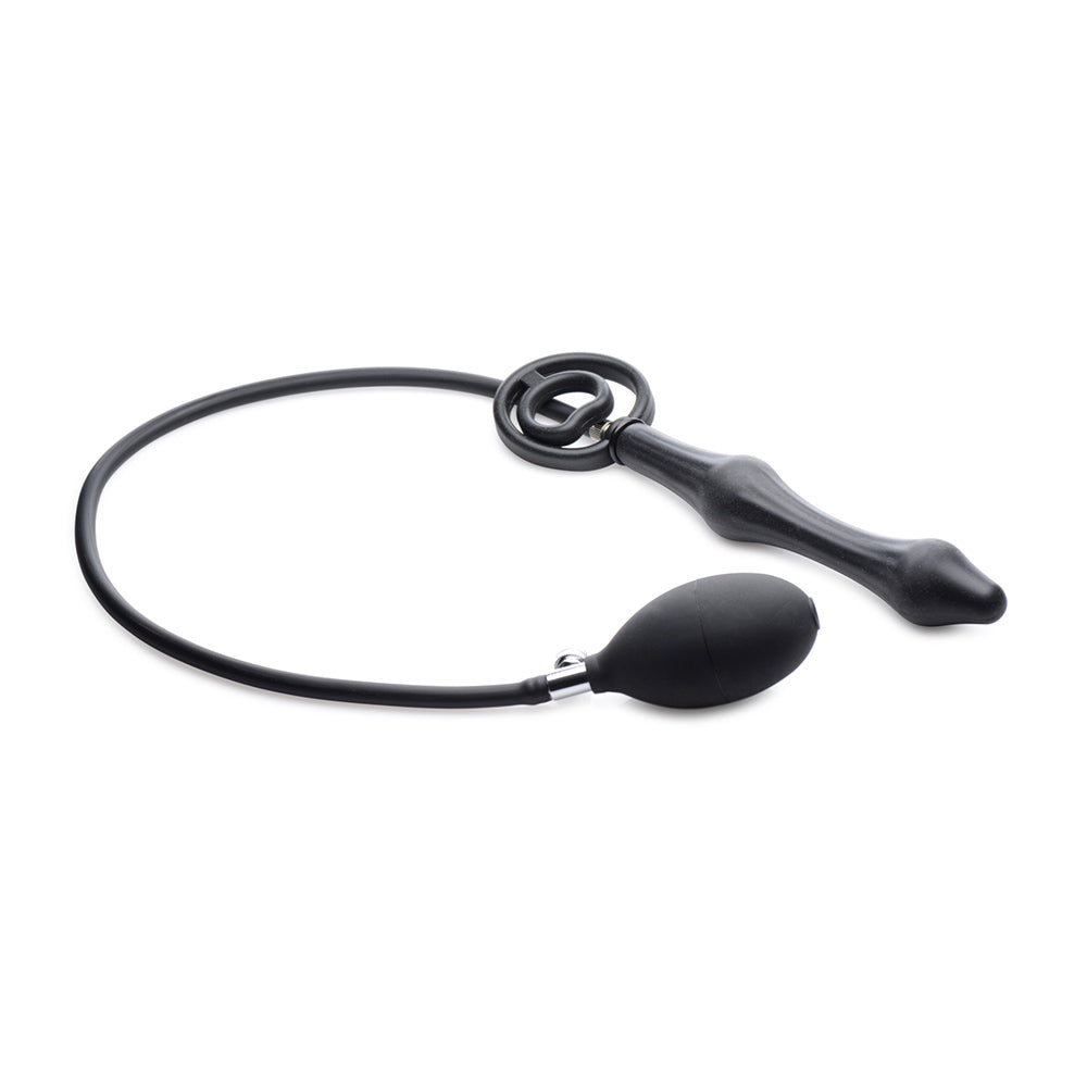 Black inflatable silicone anal plug with a cock ring and pump.