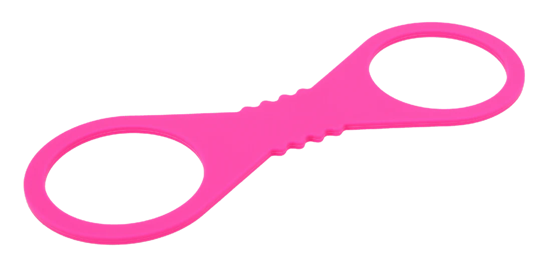 Hot pink silicone restraint cuffs with two large loops.