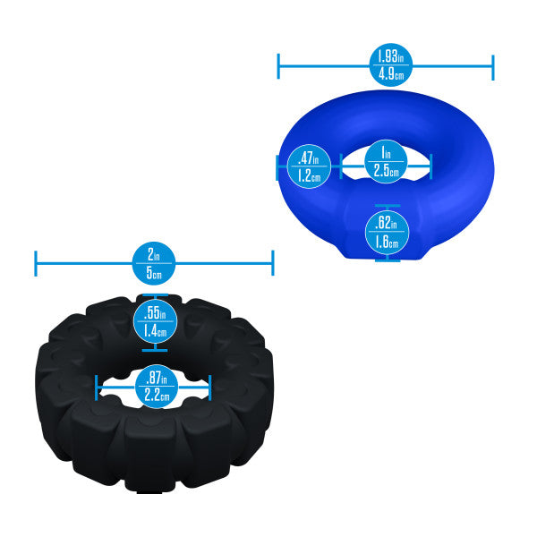 Two silicone cock rings, one smooth and one textured, with dimensions indicated.