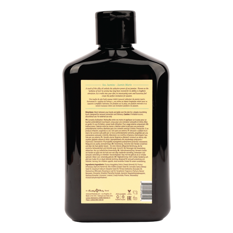 A bottle of Sea Jasmine Aphrodisiac Massage Oil with product information.