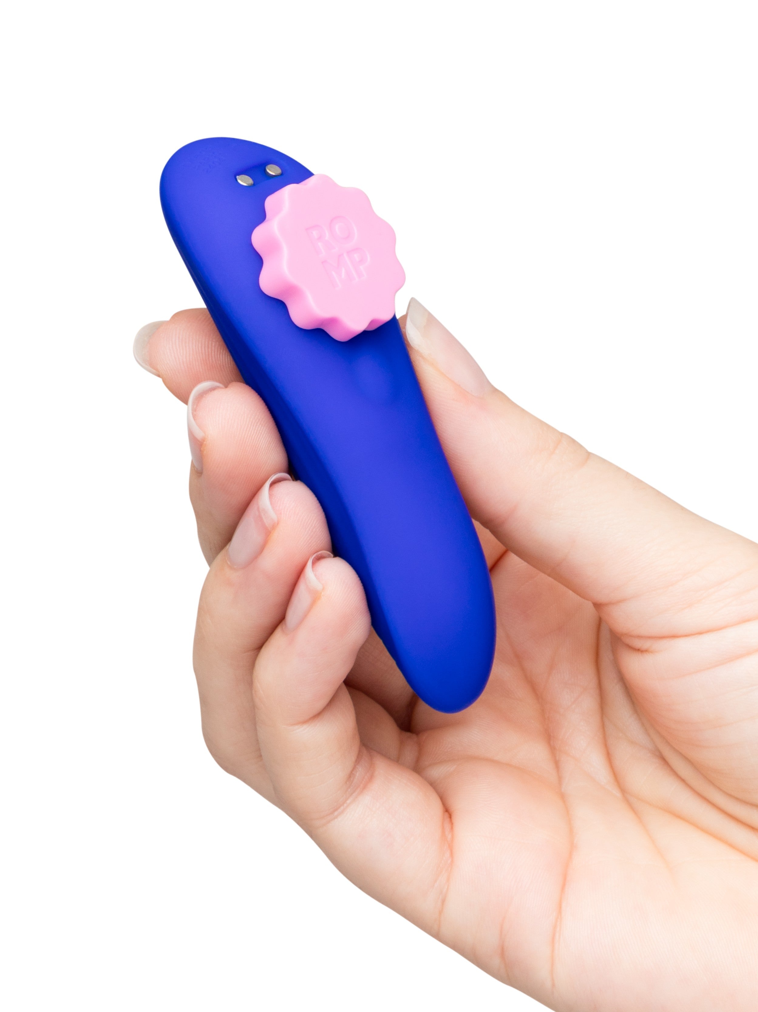 Purple remote control panty vibrator with pink flower-shaped button.