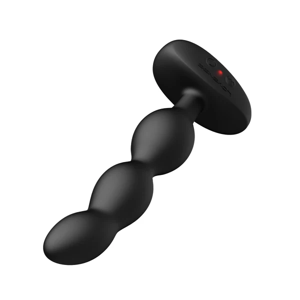 Black anal beads with a flared base and a red indicator light.