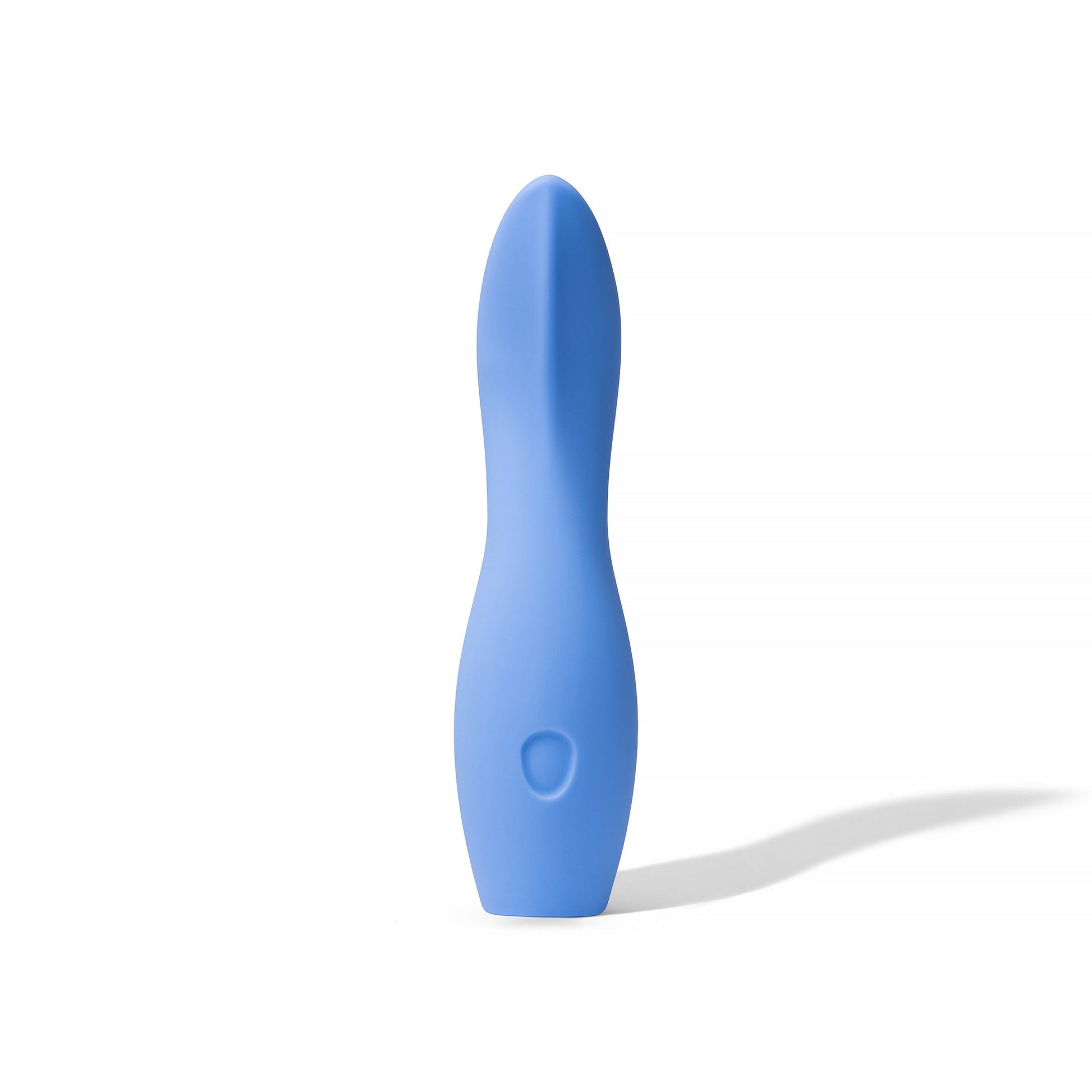 A periwinkle silicone vibrator with a rounded tip and a single button.
