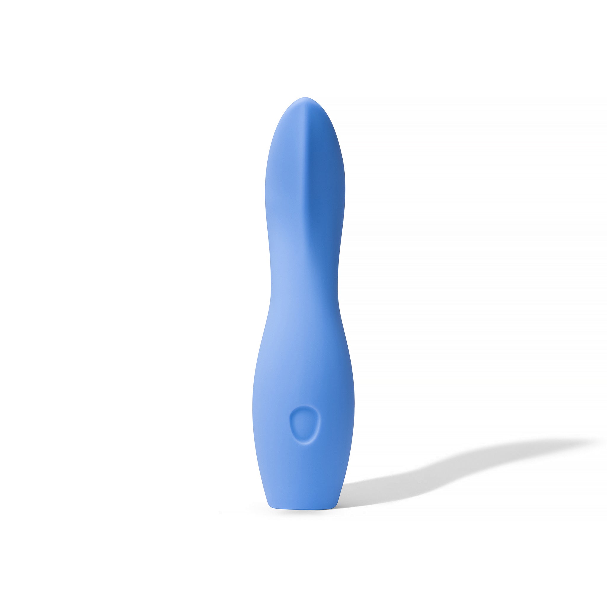 A periwinkle silicone vibrator with a rounded tip and a single button.