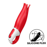 Red silicone clitoral vibrator with petal-like fins and a flexible shaft.