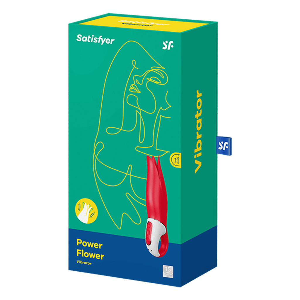Satisfyer Power Flower clitoral vibrator in red and white on a teal and blue box.