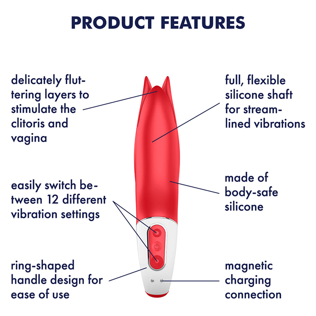Red silicone vibrator with petal-like fins and magnetic charging.