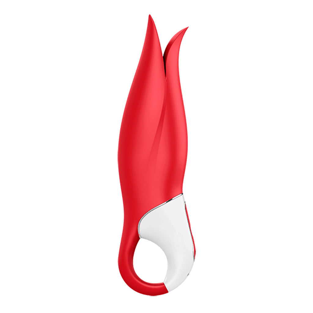 Red clitoral vibrator with petal-like fins and a white accent.