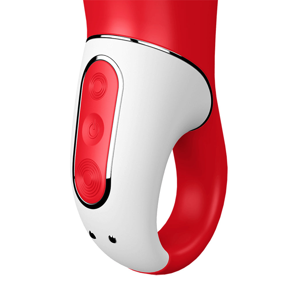 Red and white clitoral vibrator with three buttons.