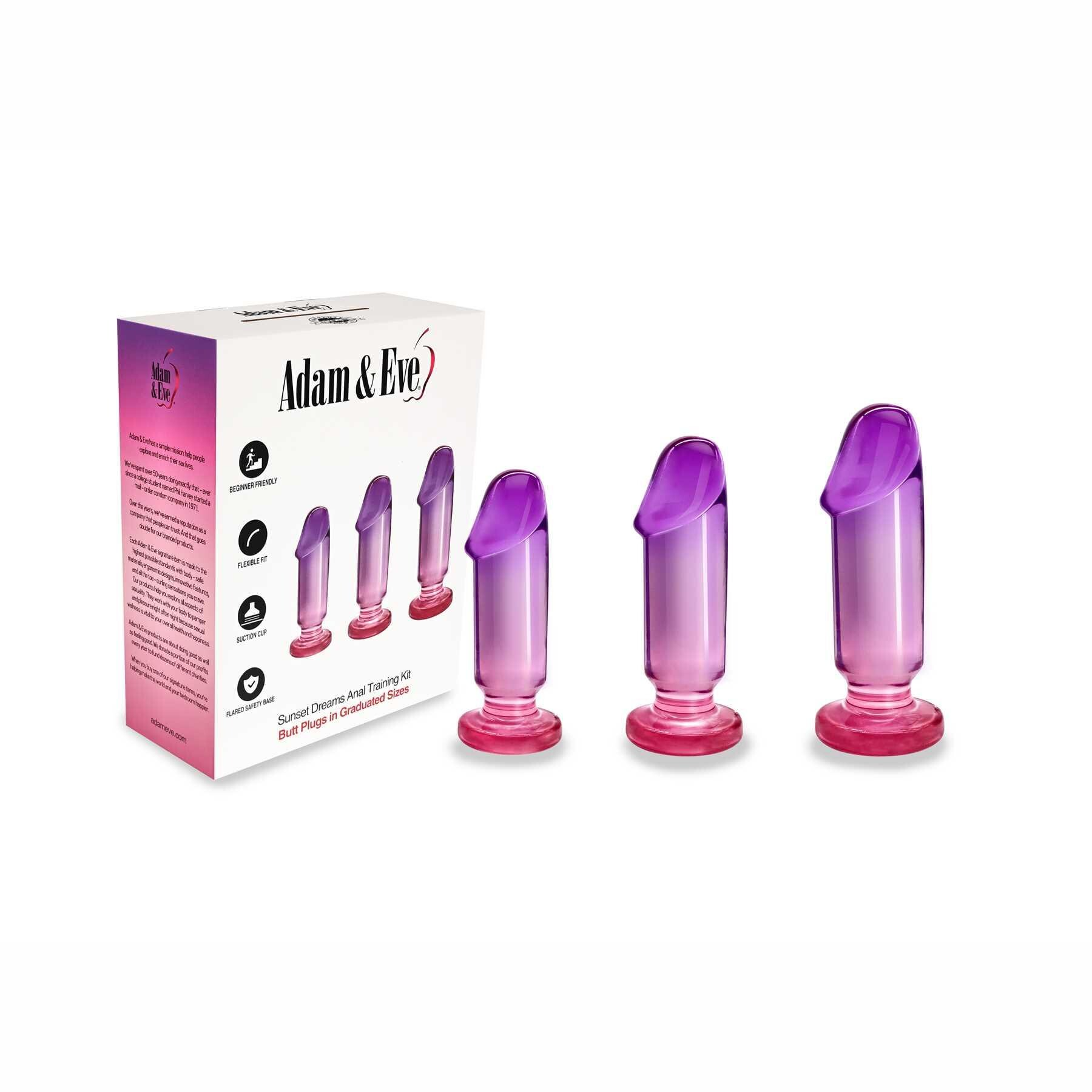 Three pink and purple graduated anal plugs with flared bases.