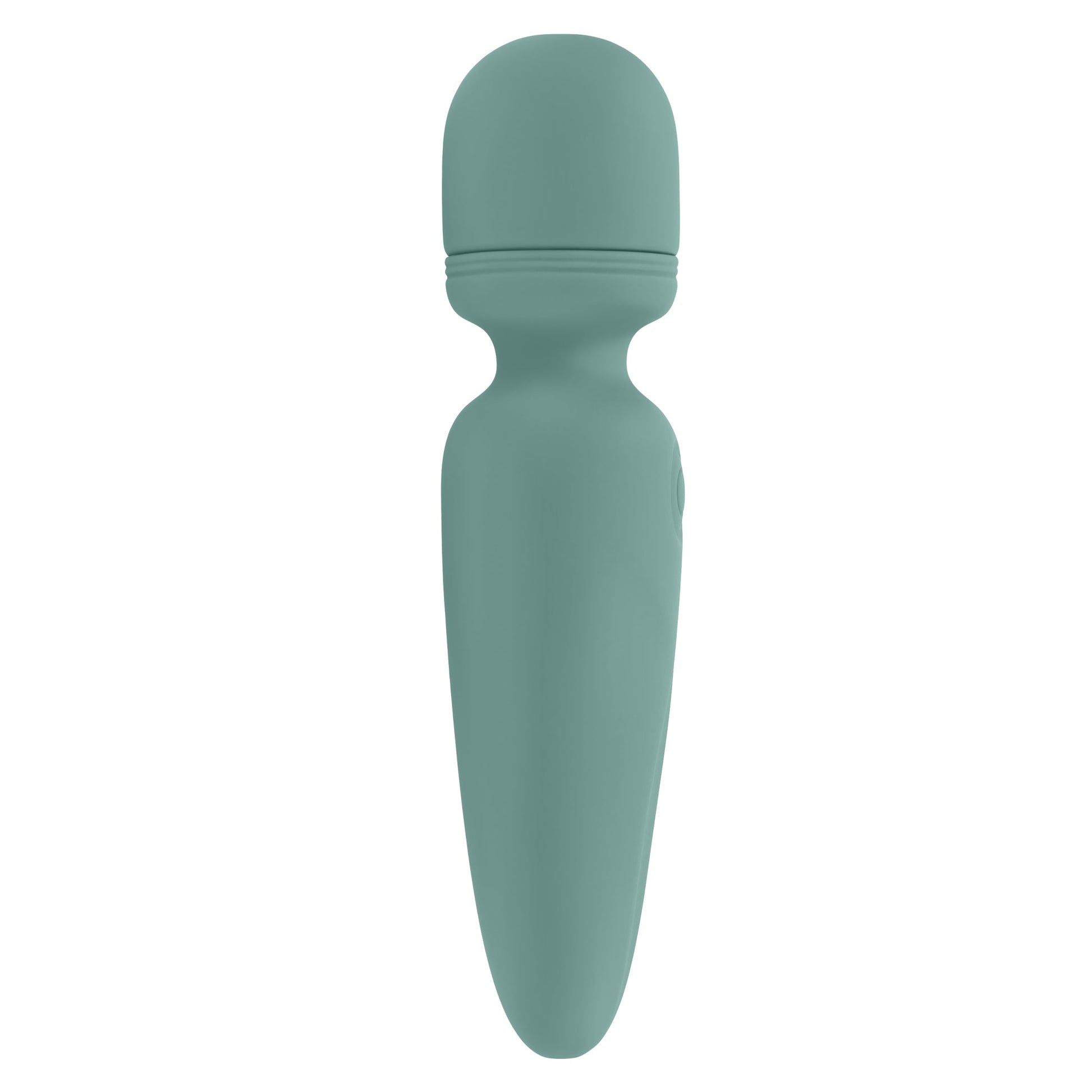 A teal silicone vibrator with a rounded head and a tapered handle.